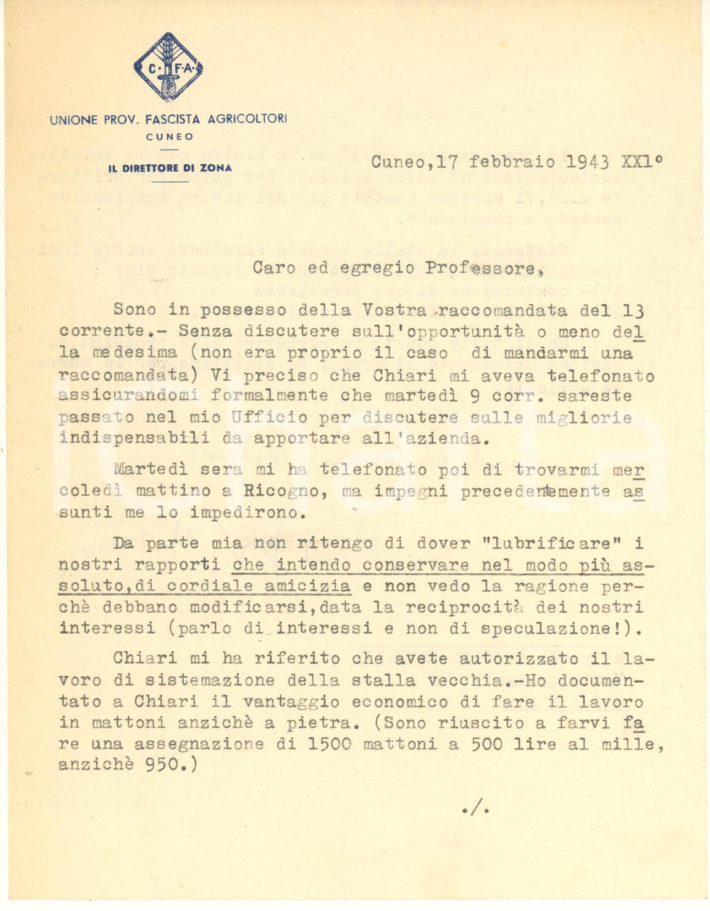 Documento originale, autentico 1943 CUNEO Unione Provinciale Fascista Agricoltori  Lettera direttore PELISSERO 1