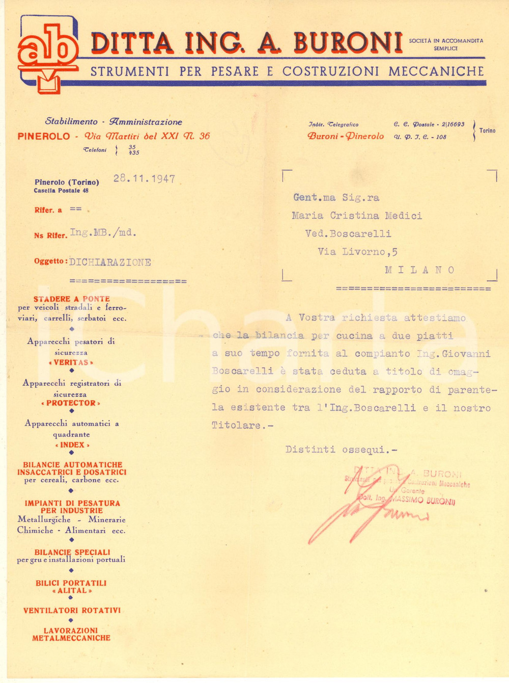 Documento originale, autentico 1947 PINEROLO Ditta Ing. A. BURONI  Strumenti per pesare  Lettera commerciale 1