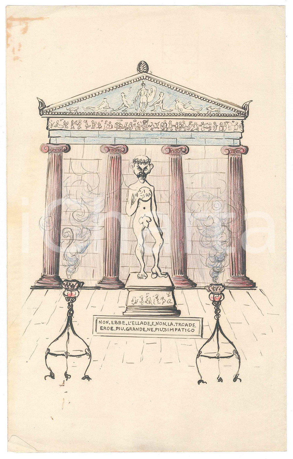 Opera d’arte autentica 1900ca ARTE Achille non ebbe l Ellade e non la Troade DISEGNO ORIGINALE SATIRICO 1