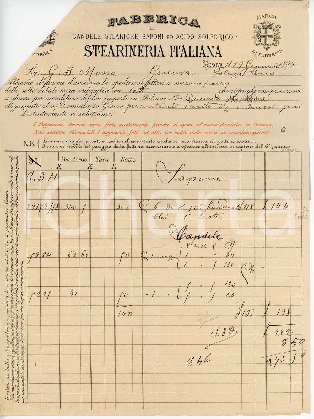 Documento originale, autentico 1894 GENOVA Fabbrica di candele STEARERIA ITALIANA Fattura con ricevuta 1
