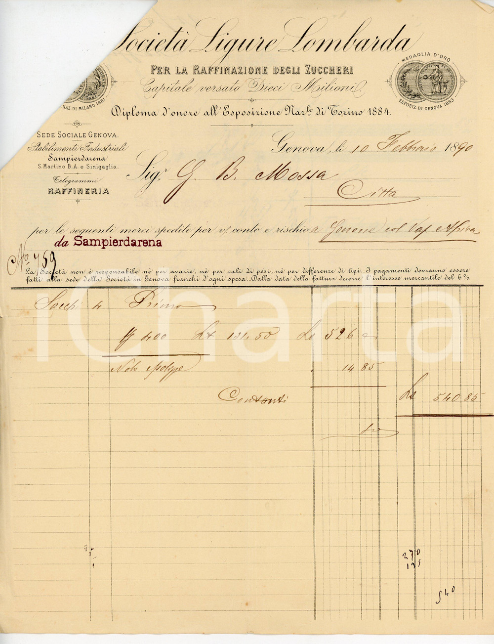 Documento originale, autentico 1890 GENOVA Società ligure lombarda raffinazione zuccheri  Fattura con ricevuta 1
