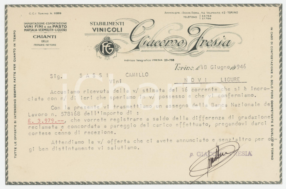 Documento originale, autentico 1946 TORINO DOCKS DORA Stabilimenti vinicoli Giacomo FRESIA Lettera commerciale 1