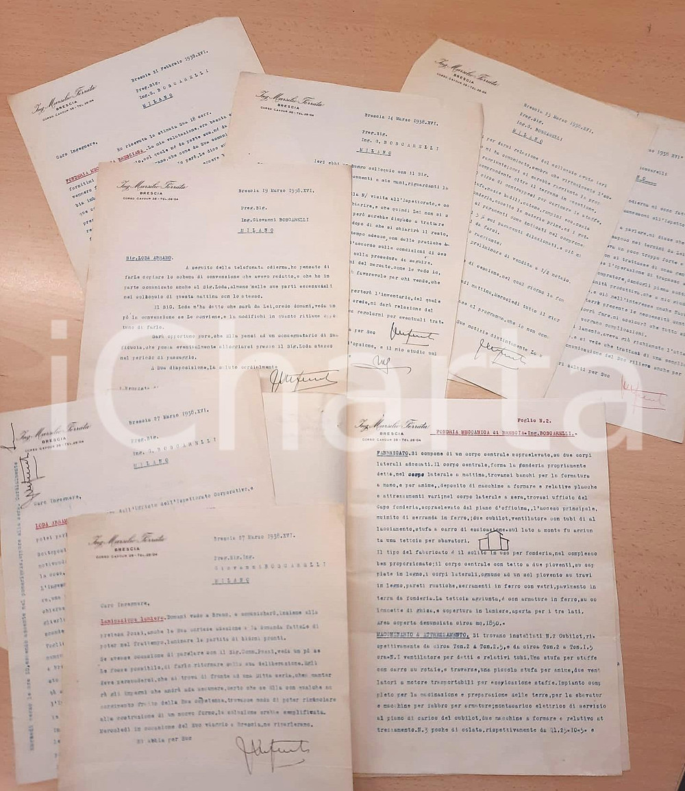 Documento originale, autentico 1938 BRESCIA Ing. Marsilio FERRATA  Fonderia Meccanica Bresciana 8 documenti 1