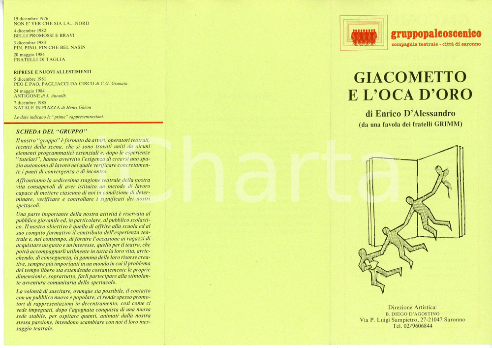 Materiale pubblicitario d’epoca 1985 SARONNO  TEATRO Gruppo Palcoscenico GIACOMETTO E L OCA D ORO Brochure 1 1