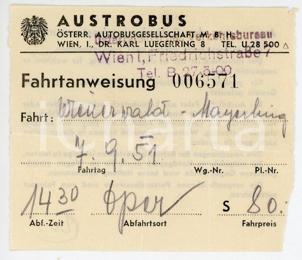 Oggetto da collezione cartaceo 1951 WIEN Austrobus Österreichische  Obliterated ticket for MAYERLING 1
