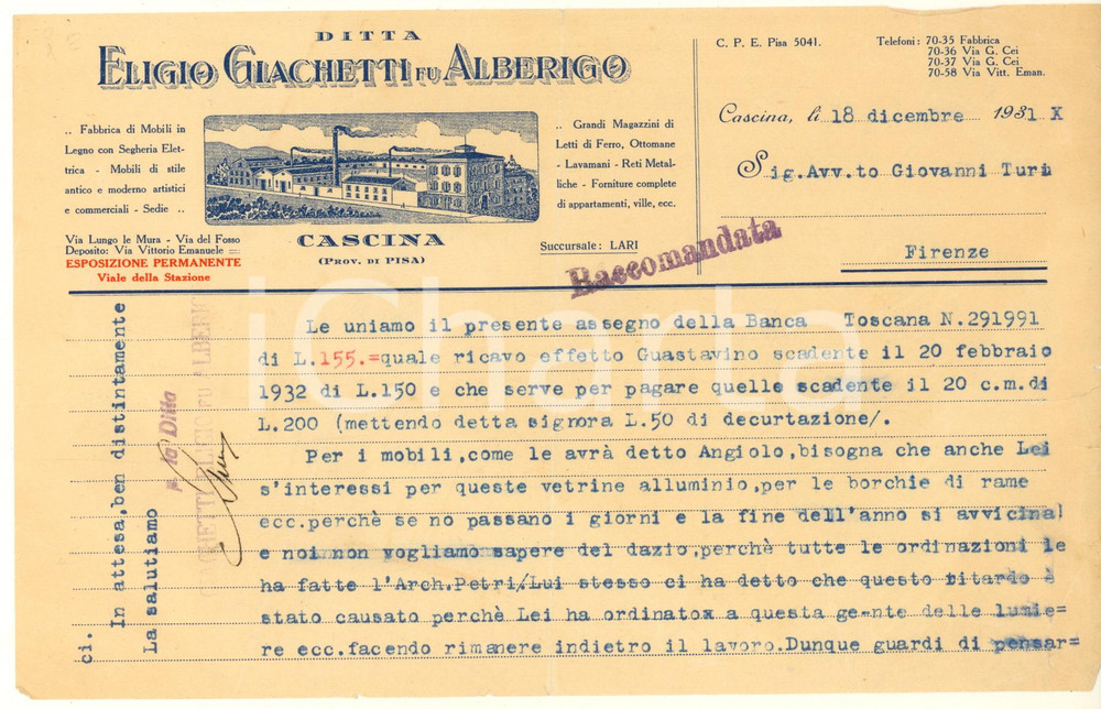 Documento originale, autentico 1931 CASCINA PI Eligio GIACHETTI fu Alberigo  Fabbrica mobili Lettera 1