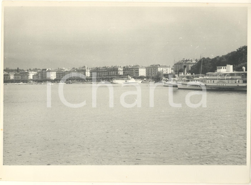 Fotografia d epoca originale 1960 ca LAGO DI GINEVRA  Battello VEVEY  Foto vintage animata 17x12 cm 1