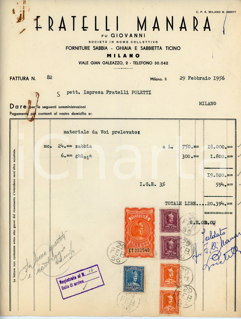 Documento originale, autentico 1956 MILANO Viale Gian Galeazzo 2  FRATELLI MANARA Sabbietta Ticino  Fattura 1 1