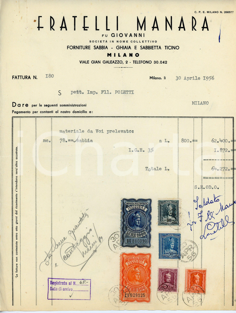 Documento originale, autentico 1956 MILANO Viale Gian Galeazzo 2  FRATELLI MANARA Sabbietta Ticino  Fattura 1