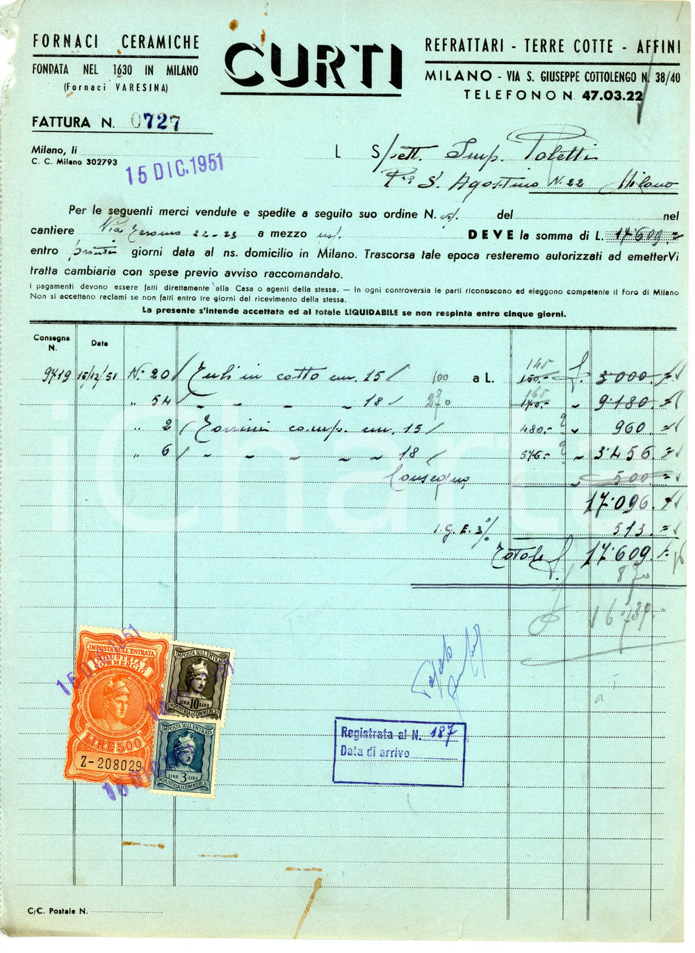 Documento originale, autentico 1951 MILANO Via Cottolengo 38  CURTI Refrattari e terre cotte  Fattura 1