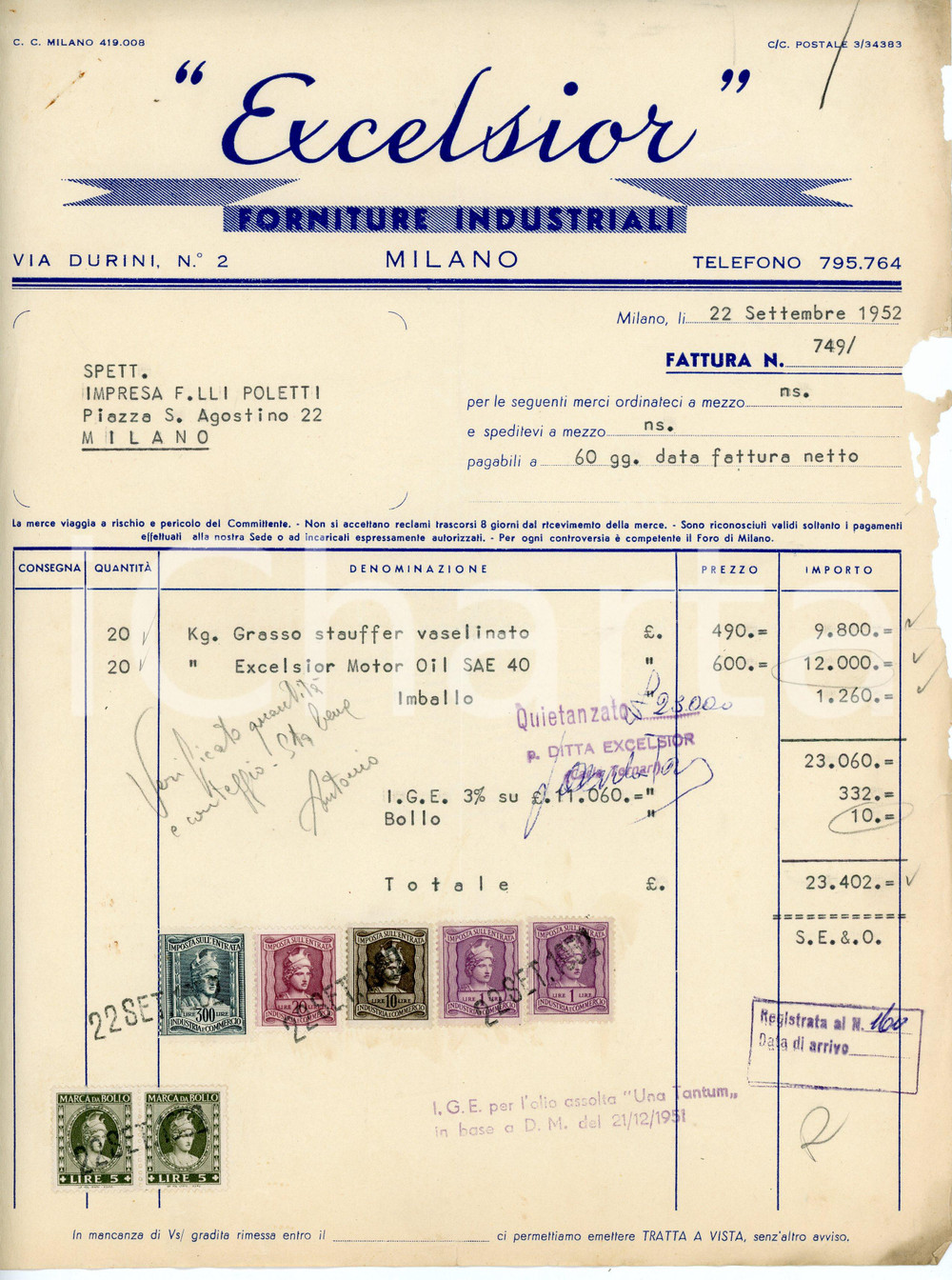 Documento originale, autentico 1952 MILANO Via Durini 2 Forniture industruali EXCELSIOR Fattura grasso stauffer 1
