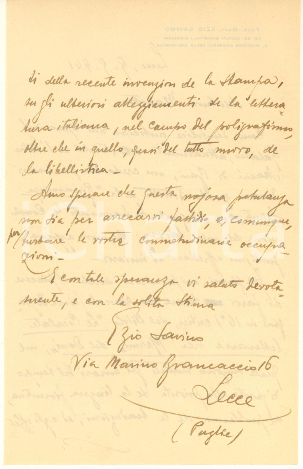 Autografo originale 1941 LECCE Ezio SAVINO annuncia l invio dei suoi nuovi lavori  Autografo 1