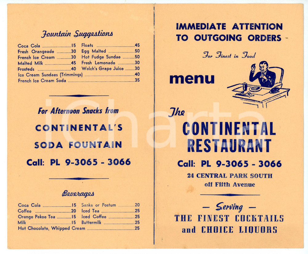 Oggetto da collezione cartaceo 1950 ca NEW YORK  24 Central Park South THE CONTINENTAL RESTAURANT Menu 1