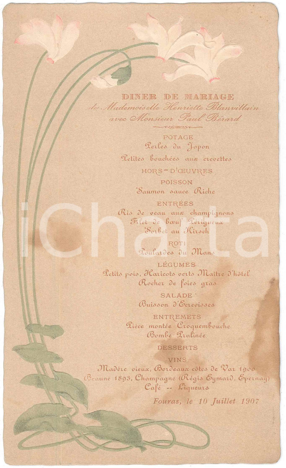 Oggetto da collezione cartaceo 1907 FAURAS Diner de mariage de Henriette CLANVILLAIN et Paul BERARD Menu 1