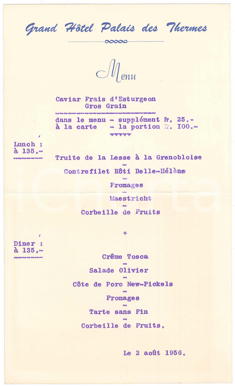 Oggetto da collezione cartaceo 1956 SAINTMALO ? Grand Hotel Palais des Thermes  Menu 14x23 cm 1