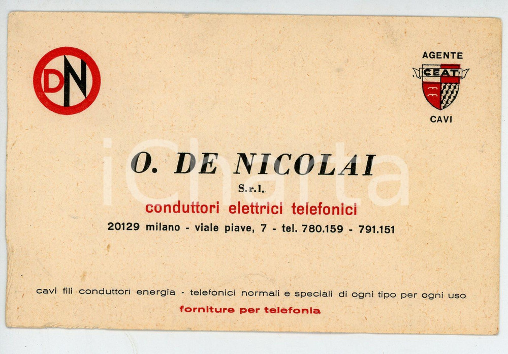 Oggetto da collezione cartaceo 1950 ca MILANO Viale Piave 7 O. DE NICOLAI SRL Conduttori telefonici  Biglietto 1