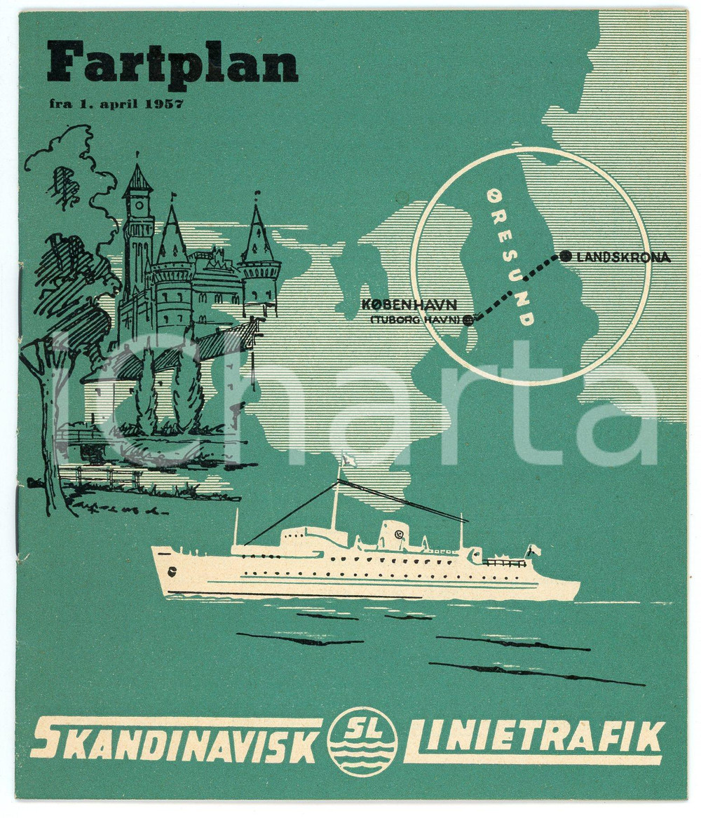 Materiale pubblicitario d’epoca 1957 SL Skandinavisk Linietrafik  Fartplan COPENAGHEN  LANDSKRONA Brochure 1