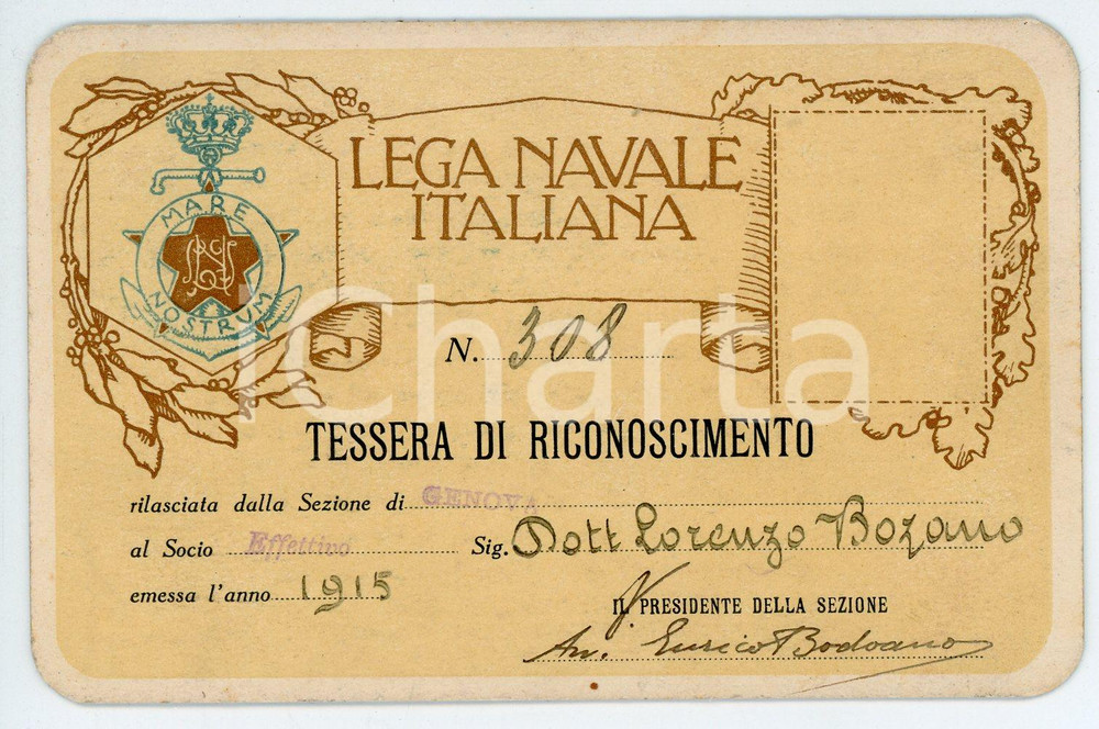 Oggetto da collezione cartaceo 1915 LEGA NAVALE ITALIANA Sezione di GENOVA Tessera di riconoscimento 12x8 cm 1