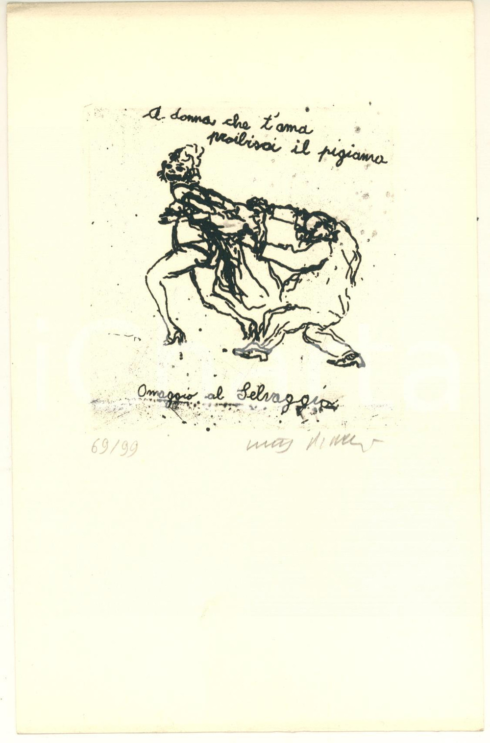 Opera d’arte autentica Walter PIACESI A donna che t ama proibisci il pigiama  Acquaforte FIRMATA 69/99 1