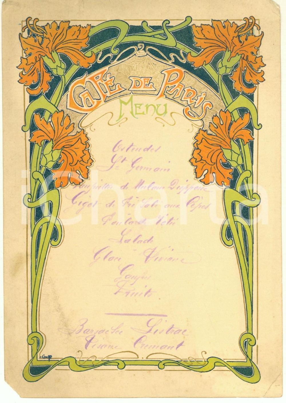 Oggetto da collezione cartaceo 1910 ca FRANCE  CAFE  DE PARIS  Menù illustrato ART NOUVEAU 16x21 cm 1
