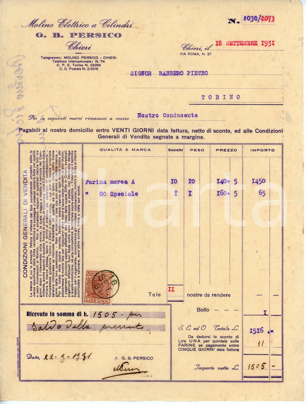 Documento originale, autentico 1931 CHIERI TO Molino elettrico a clilindri G. B. PERSICO Fattura per farina 1