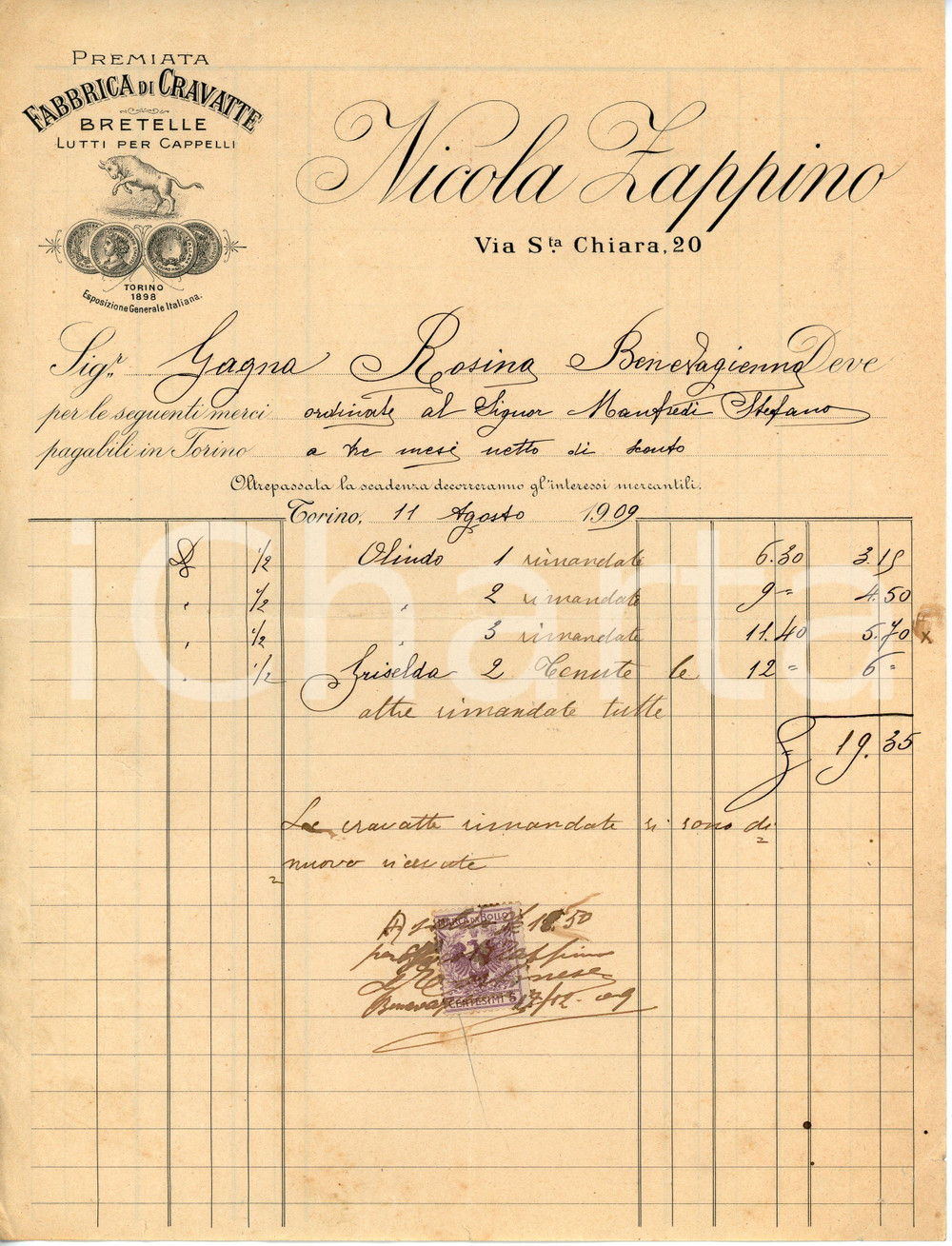 Documento originale, autentico 1909 TORINO Via Santa Chiara 20 Fabbrica di cravatte Nicola ZAPPINO Fattura 1