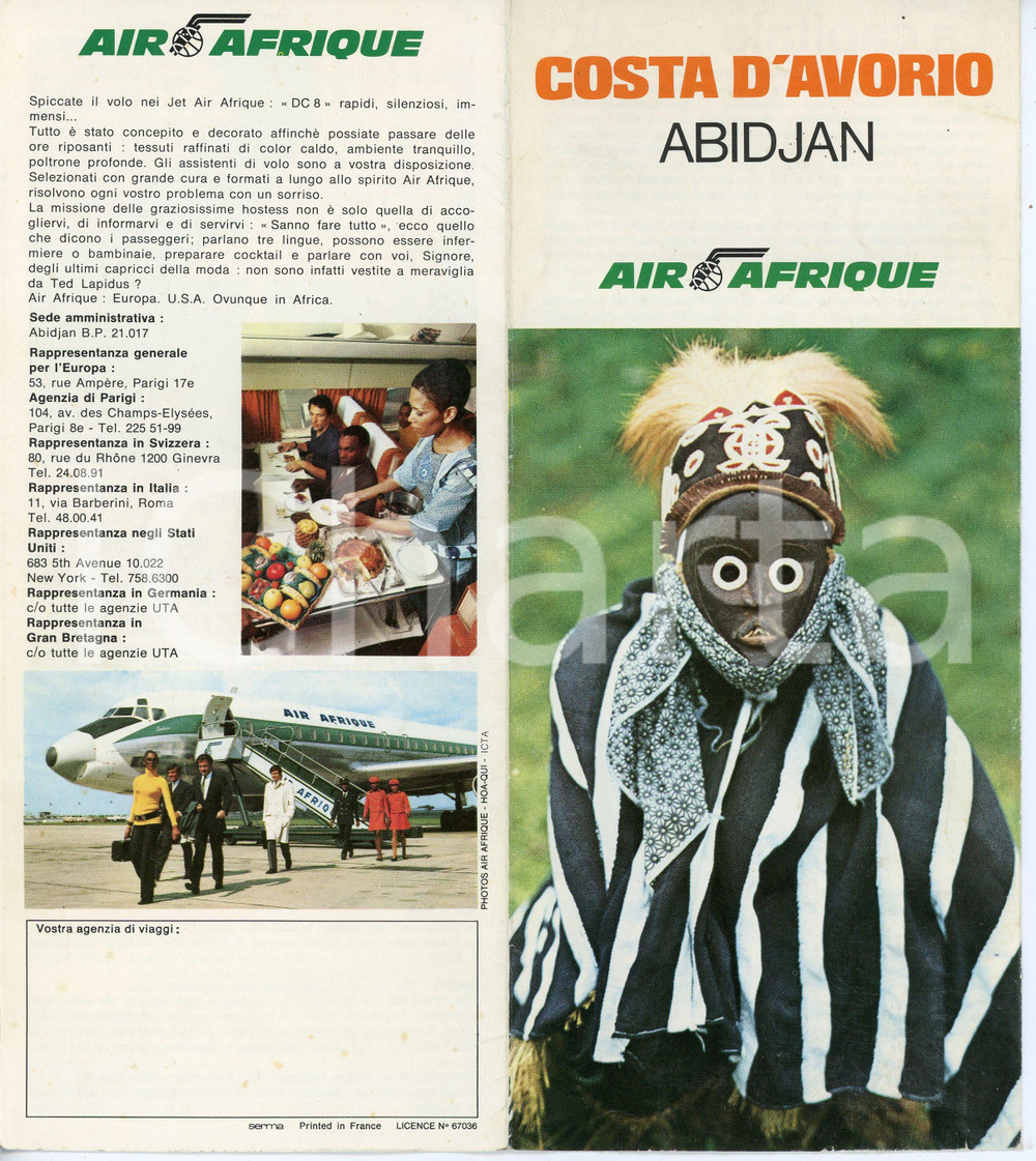 Materiale pubblicitario d’epoca 1970 ca AIR AFRIQUE Costa d Avorio ABIDJAN Pieghevole ILLUSTRATO 1