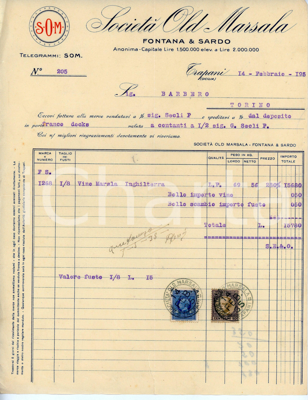 Documento originale, autentico 1935 TRAPANI Società Old Marsala SOM Fattura per vino marsala 1
