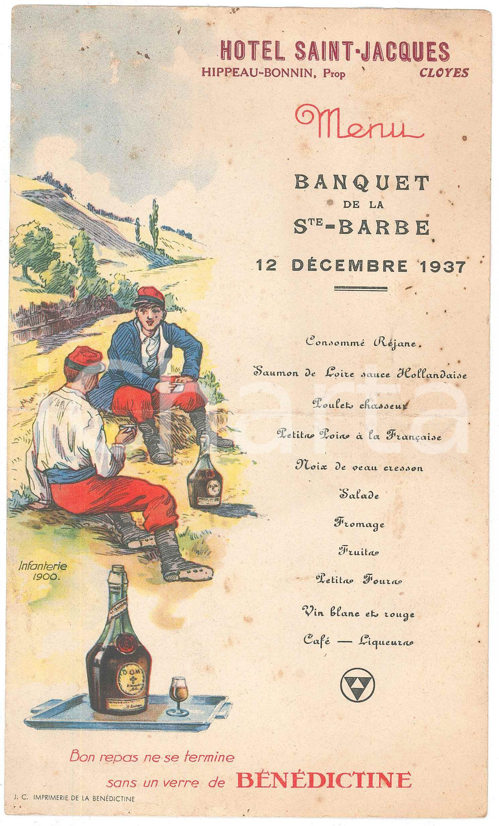 Oggetto da collezione cartaceo 1937 CLOYESLES3RIVIERES Hotel SaintJacques Menù banquet Sainte Barbe 1