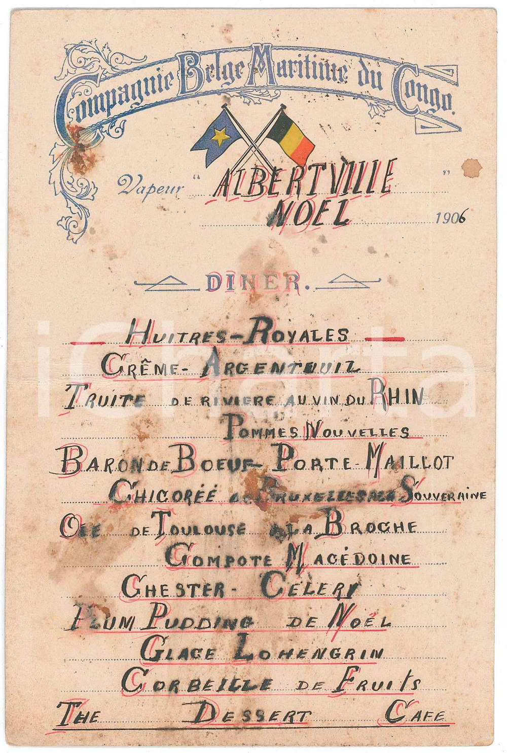 Oggetto da collezione cartaceo 1906 Compagnie Belge Maritime CONGO  Vapeur ALBERTVILLE Menu diner DANNEGGIATO 1