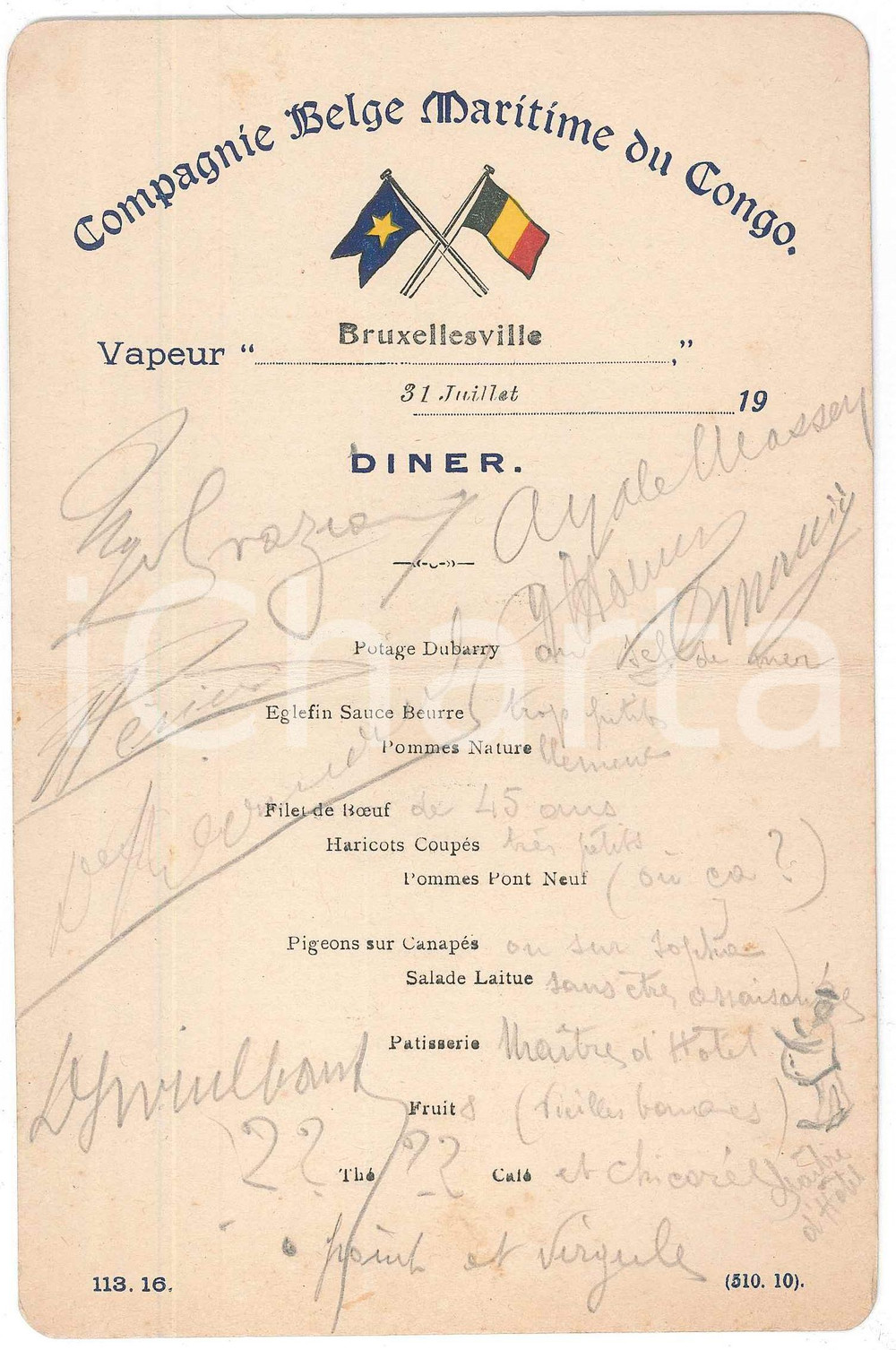 Oggetto da collezione cartaceo 1910 ca Compagnie Belge Maritime CONGO  Vapeur BRUXELLESVILLE Menu DANNEGGIATO 1