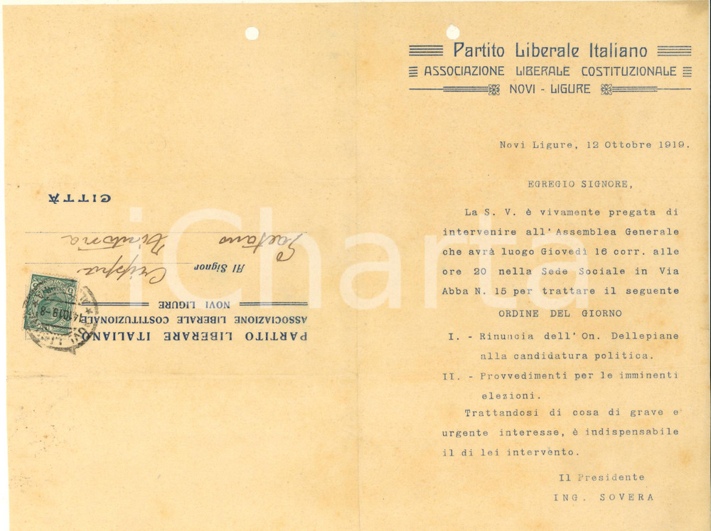 Documento originale, autentico 1919 NOVI LIGURE Partito Liberale Italiano  Invito per assemblea 1