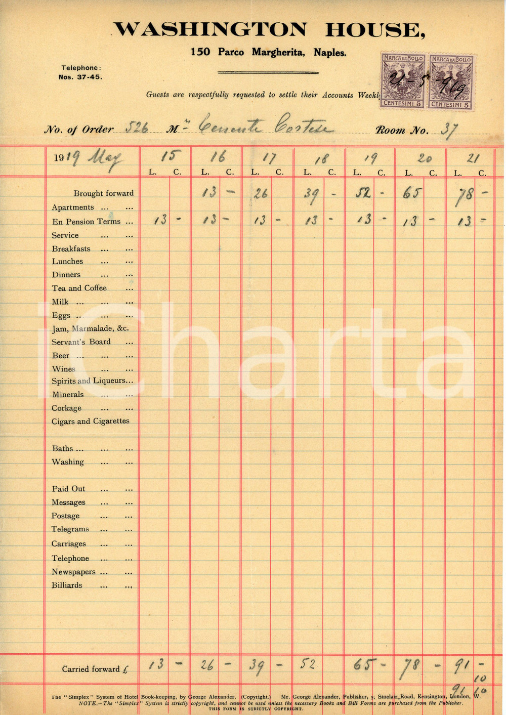 Documento originale, autentico 1919 NAPOLI Parco Margherita 15 Hotel WASHINGTON HOUSE Albergo  Fattura 4 1