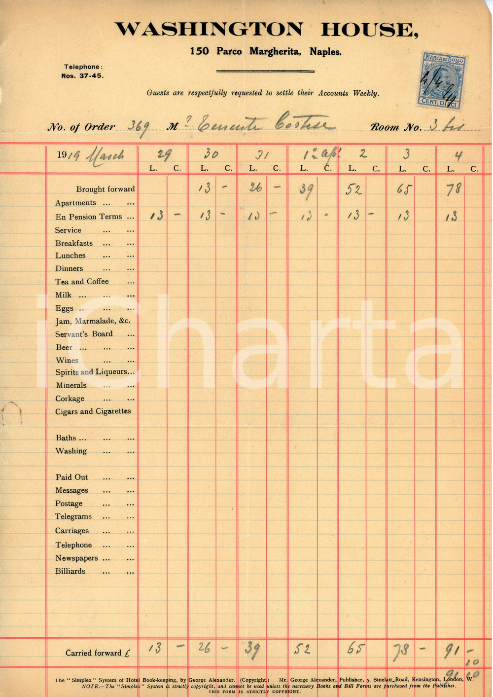 Documento originale, autentico 1919 NAPOLI Parco Margherita 15 Hotel WASHINGTON HOUSE Albergo  Fattura 5 1