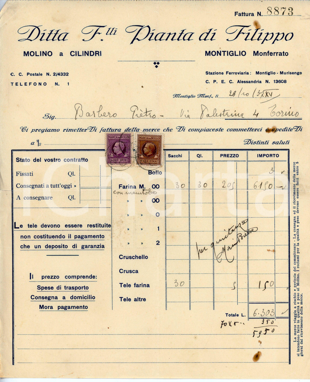 Documento originale, autentico 1937 MONTIGLIO MONFERRATO Ditta FRATELLI PIANTA Molino a cilindri  Fattura 1