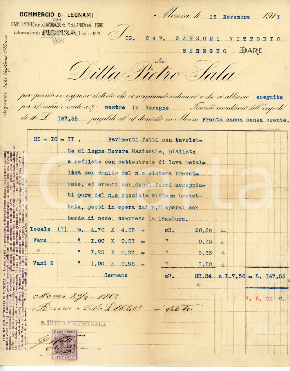 Documento originale, autentico 1911 MONZA Via Tommaso Grossi 5 Ditta Pietro SALA Commercio legnami  Fattura 1