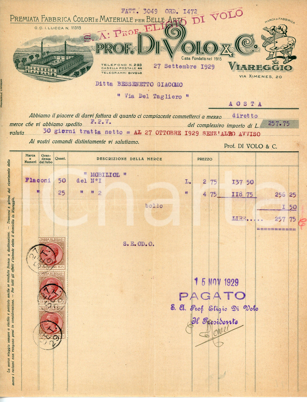 Documento originale, autentico 1929 VIAREGGIO Via Xinemes 20 Fabbrica colori Prof. Eligio DI VOLO Fattura 1