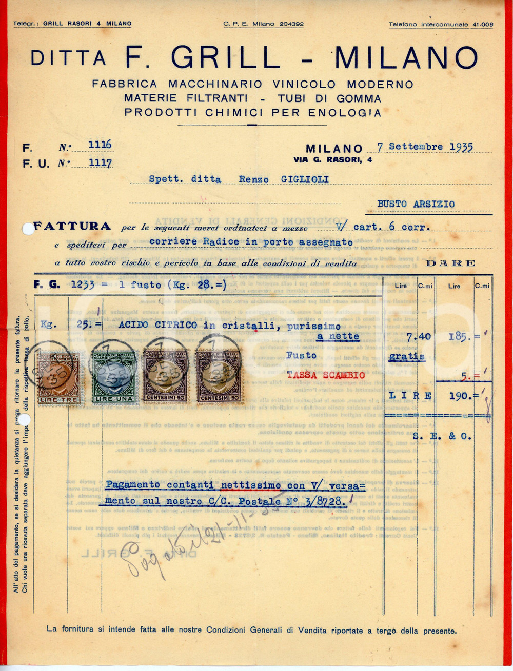 Documento originale, autentico 1935 MILANO Via G. Rasori 4 Ditta F. GRILL Macchinario vinicolo  Fattura 1