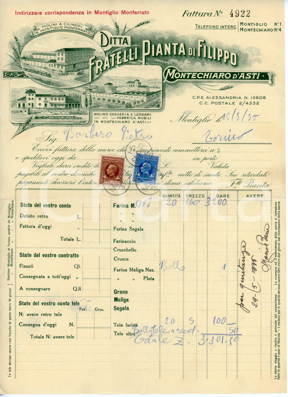 Documento originale, autentico 1935 MONTECHIARO D ASTI Ditta FRATELLI PIANTA Molino a cilindri  Fattura 1