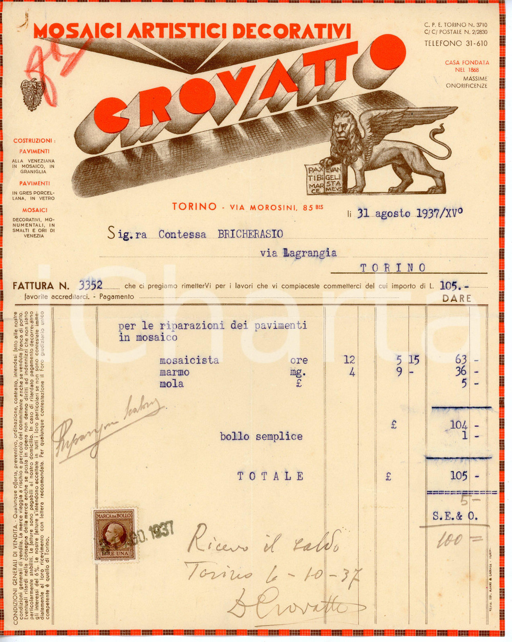 Documento originale, autentico 1937 TORINO Via Morosini 85 Mosaici artistici CROVATTO Fattura per  riparazioni 1
