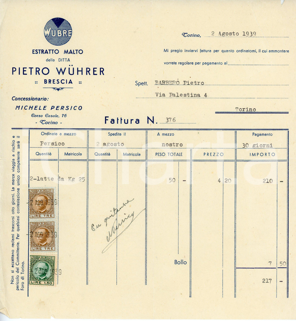 Documento originale, autentico 1939 TORINO Corso Casale 76  Estratto di malto Ditta Pietro WUHRER Fattura 1