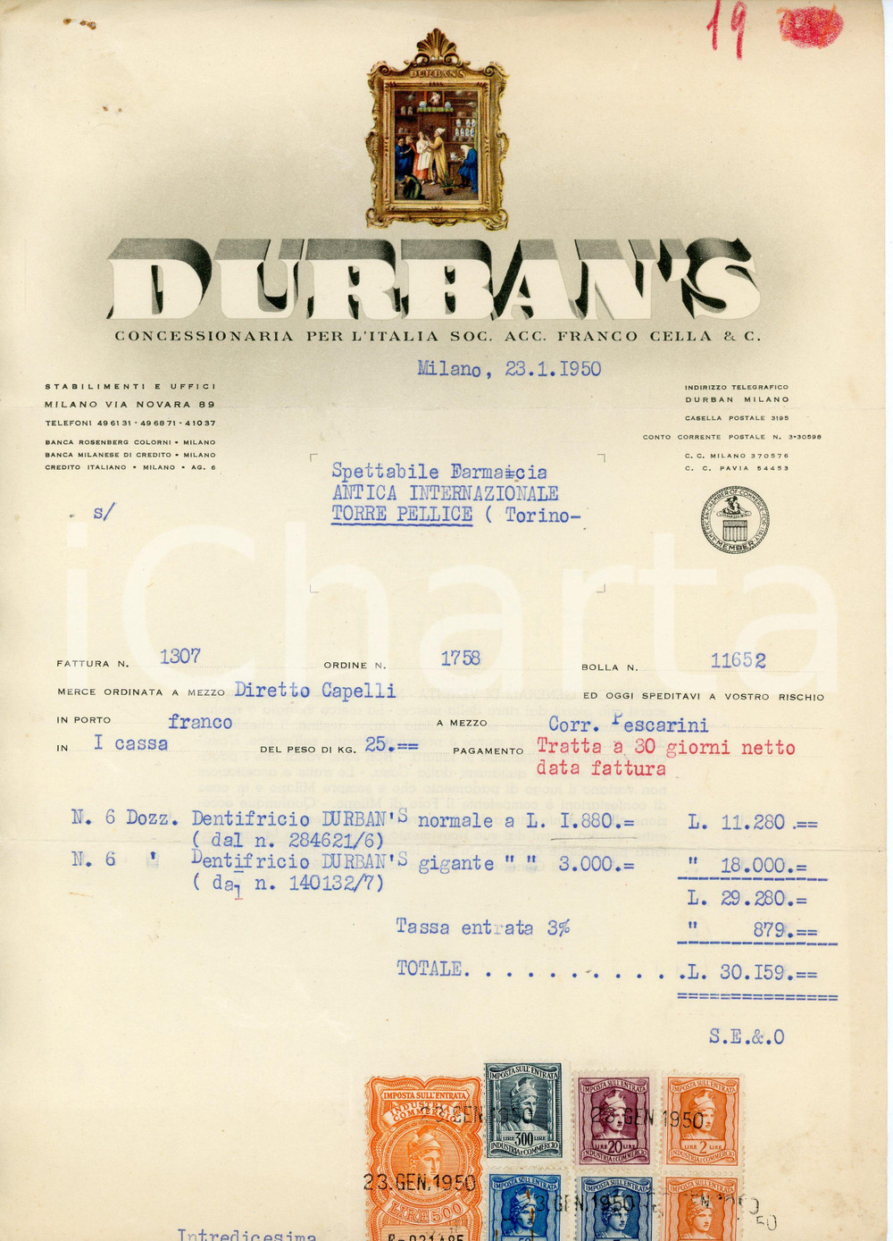 Documento originale, autentico 1950 MILANO Dentifricio DURBAN S Fattura 21x31 cm 1