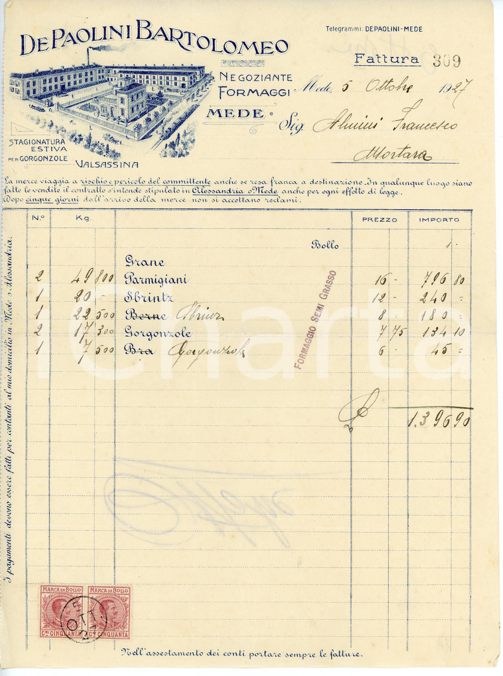 Documento originale, autentico 1927 MEDE PV Bartolomeo DE PAOLINI Formaggi  Fattura per parmigiano 1