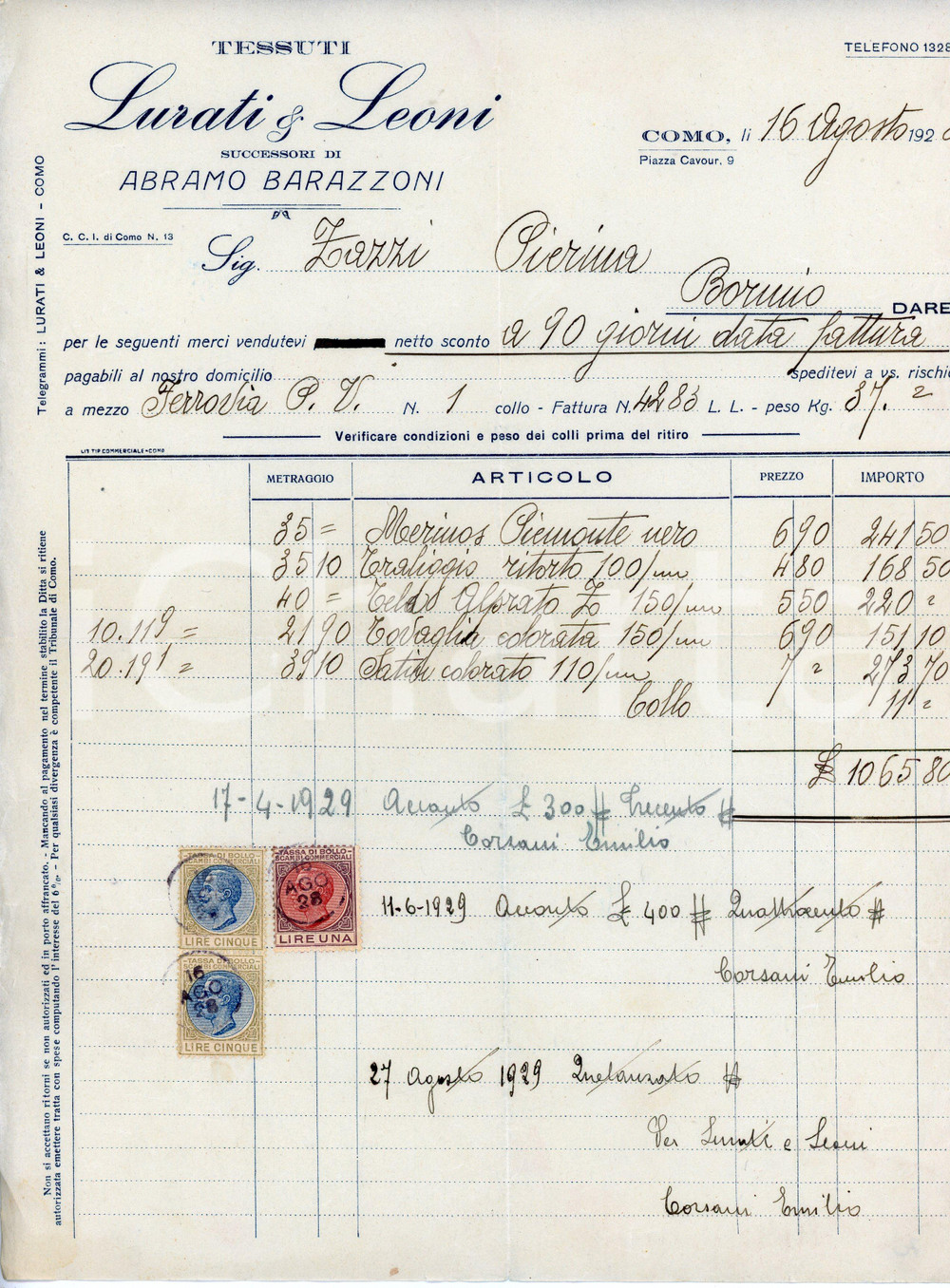 Documento originale, autentico 1928 COMO Piazza Cavour 9 Tessuti LURATI E LEONI Succ. Abramo BARAZZONI Fattura 1