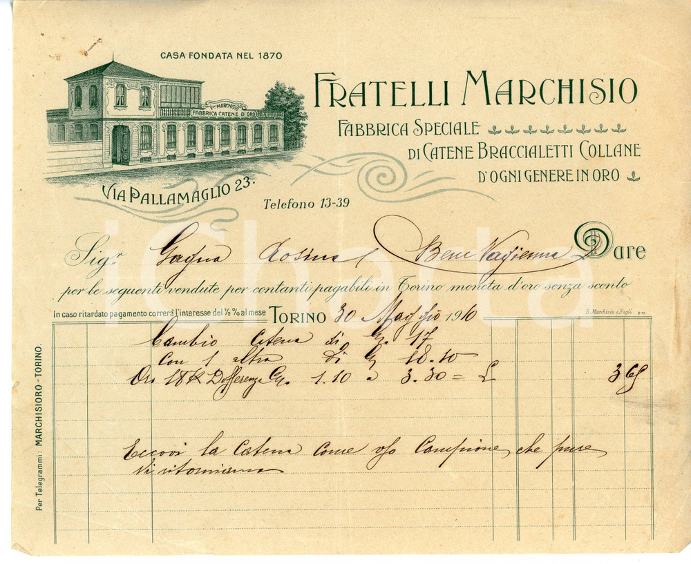 Documento originale, autentico 1910 TORINO Via Pallamaglio 23 Fratelli MARCHISIO Fabbrica catene d oro Fattura 1