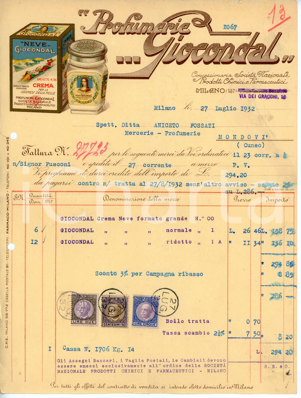 Documento originale, autentico 1932 MILANO Via dei Gracchi 16 Profumeria GIOCONDAL Crema neve  Fattura 1