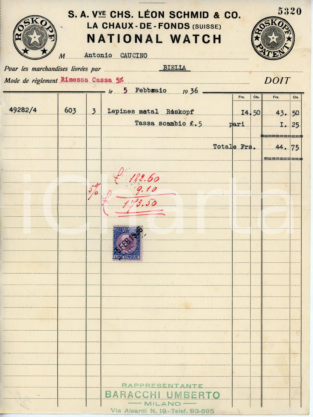Documento originale, autentico 1936 LA CHAUXDEFONDS SUISSE National Watch Léon SCHMID Lepines ROSKOPF 1