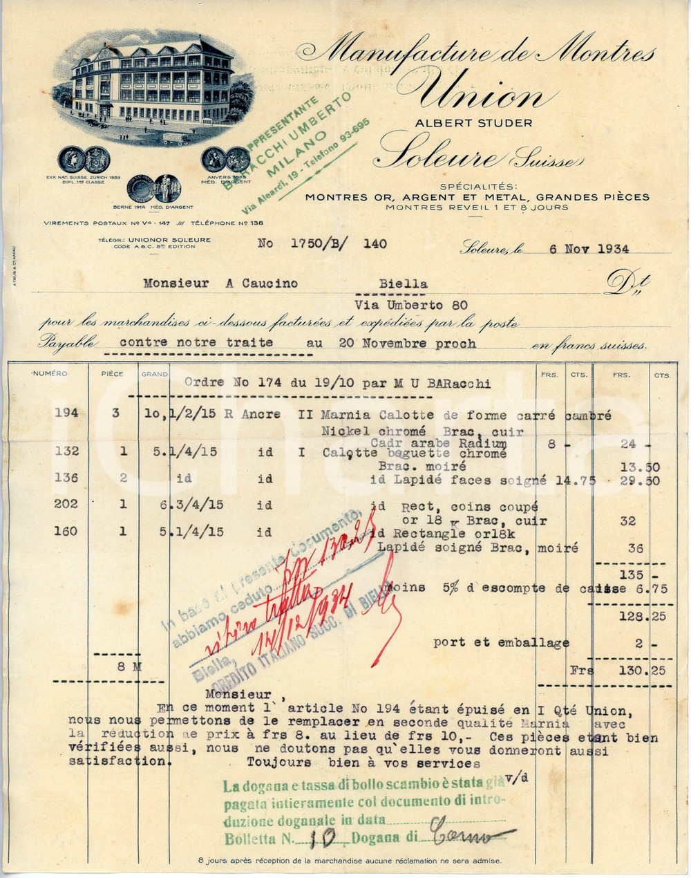 Documento originale, autentico 1934 SOLEURE SUISSE Manufacture de Montres UNION Albert Studer  Facture 1