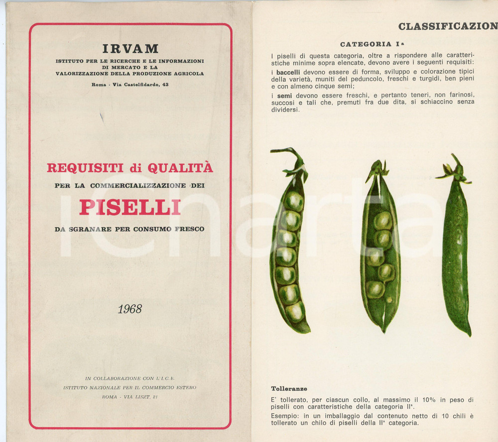 Materiale pubblicitario d’epoca 1968 ROMA  IVRAM Requisiti per commercializzazione dei piselli  Brochure 1