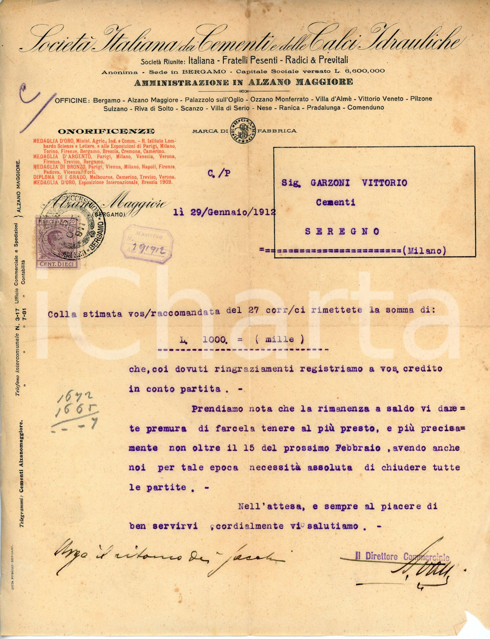Documento originale, autentico 1912 ALZANO MAGGIORE Società italiana cementi e caldi idrauliche  Lettera 1